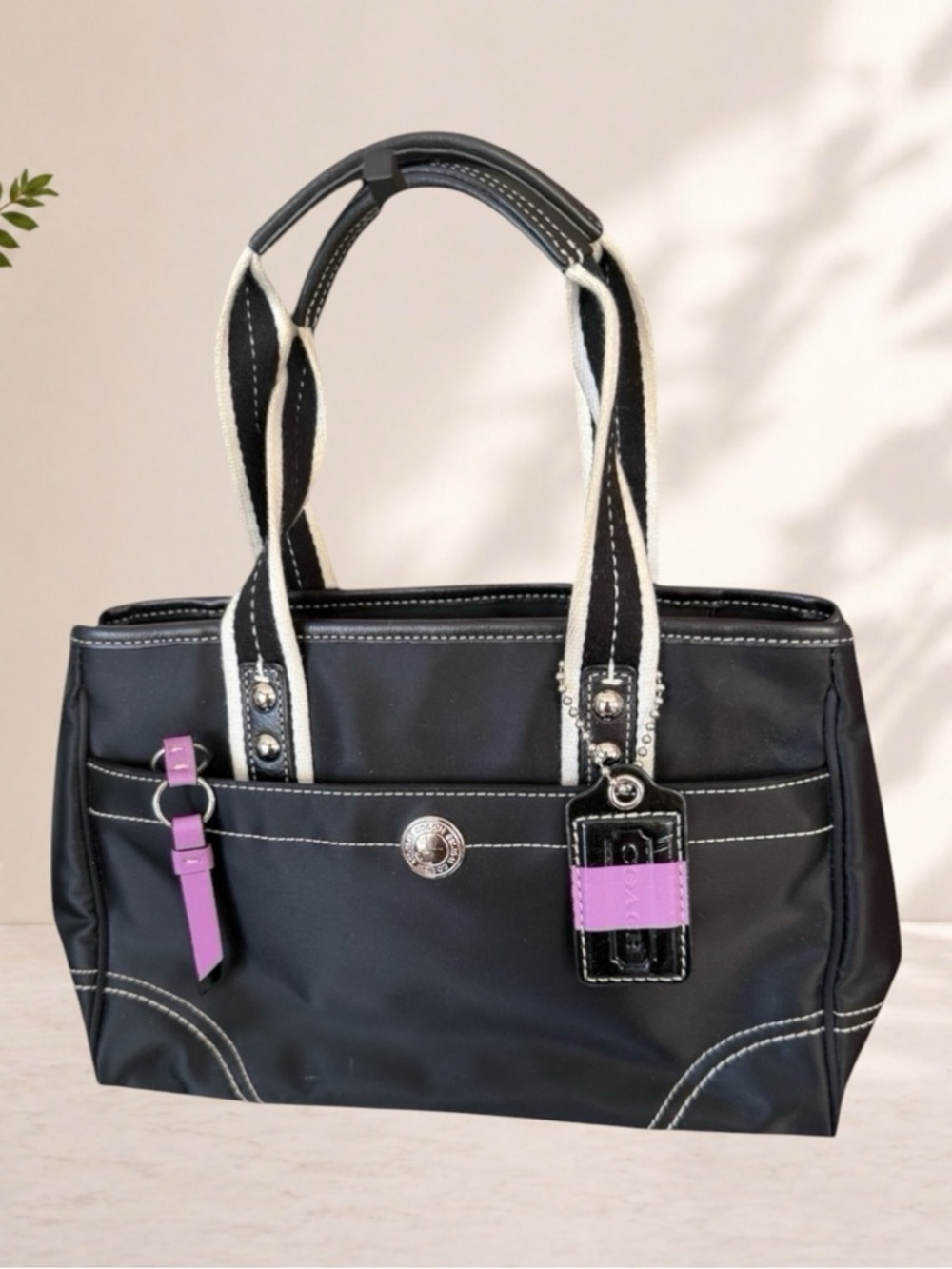 Coach Hampton Nylon Tote Black White Stitch Stripe Hangtag Y2K Shoulder Bag